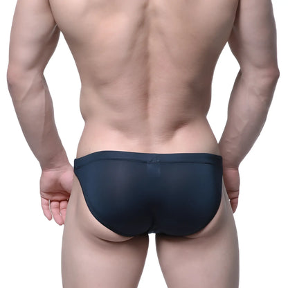 Dark navy blue sheer mesh briefs from metromalewear see through swim bikini black 4937-21 front view