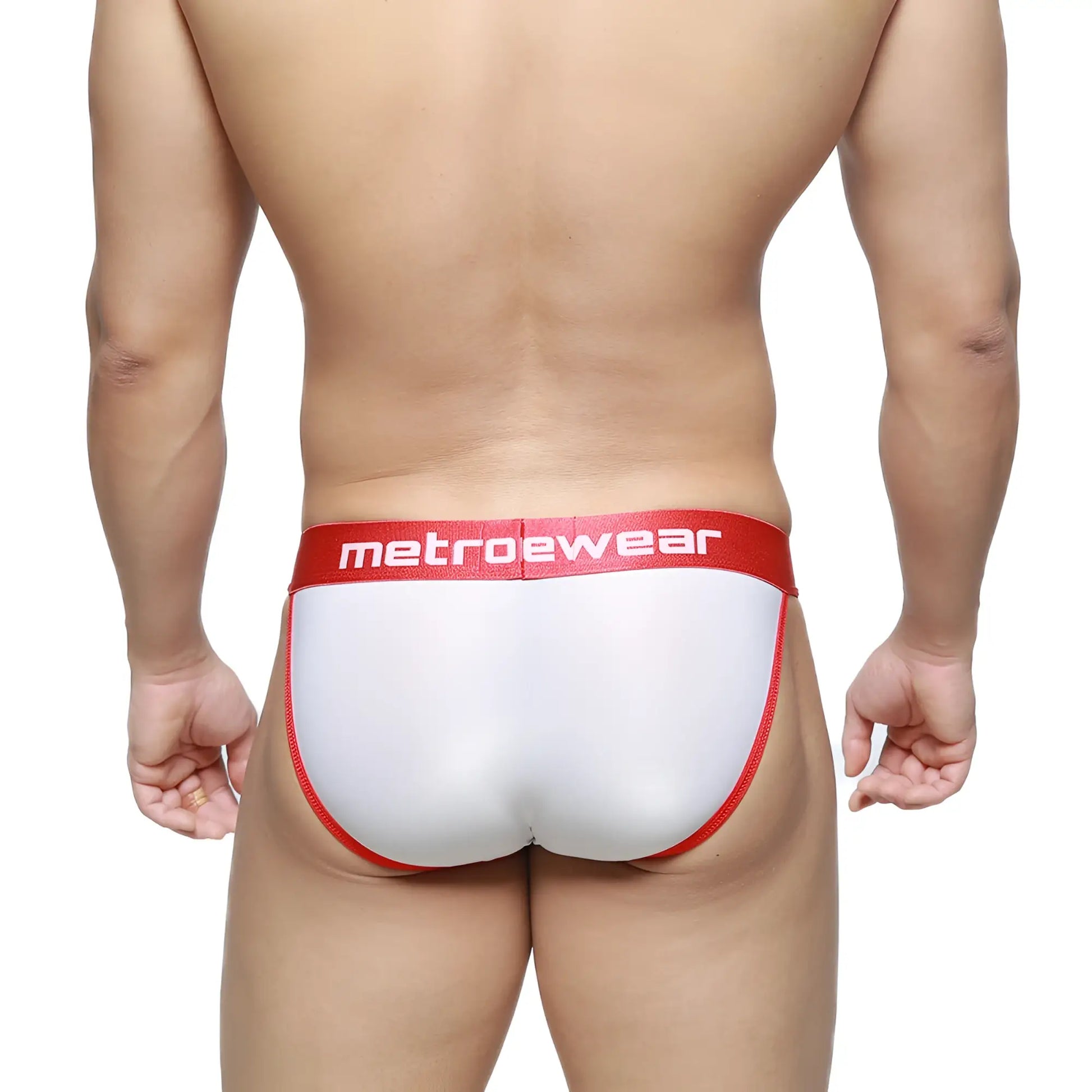 Metro malewear semi-sheer bikini briefs in white and red with snug form-fitting design and breathable fabric