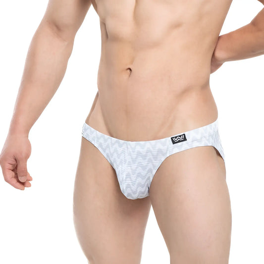 White briefs with a subtle gray zigzag pattern and black logo on the waistband by MetroMaleWear Senal Bikini White 5103-M44