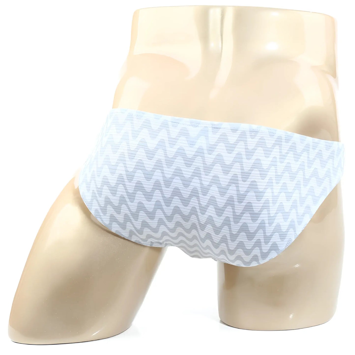 MetroMaleWear Senal lowrise bikini white 6115-44 light blue and gray zigzag cotton briefs on a mannequin