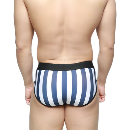 MetroMaleWear Sencillo brief with blue and white stripes and black elastic waistband for comfortable daily wear