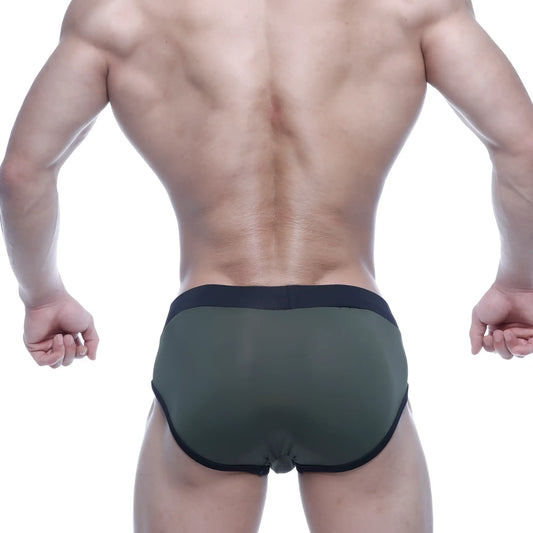 MetroMaleWear sencillo brief green 5203-26 olive green mesh briefs with black elastic waistband and trim front view