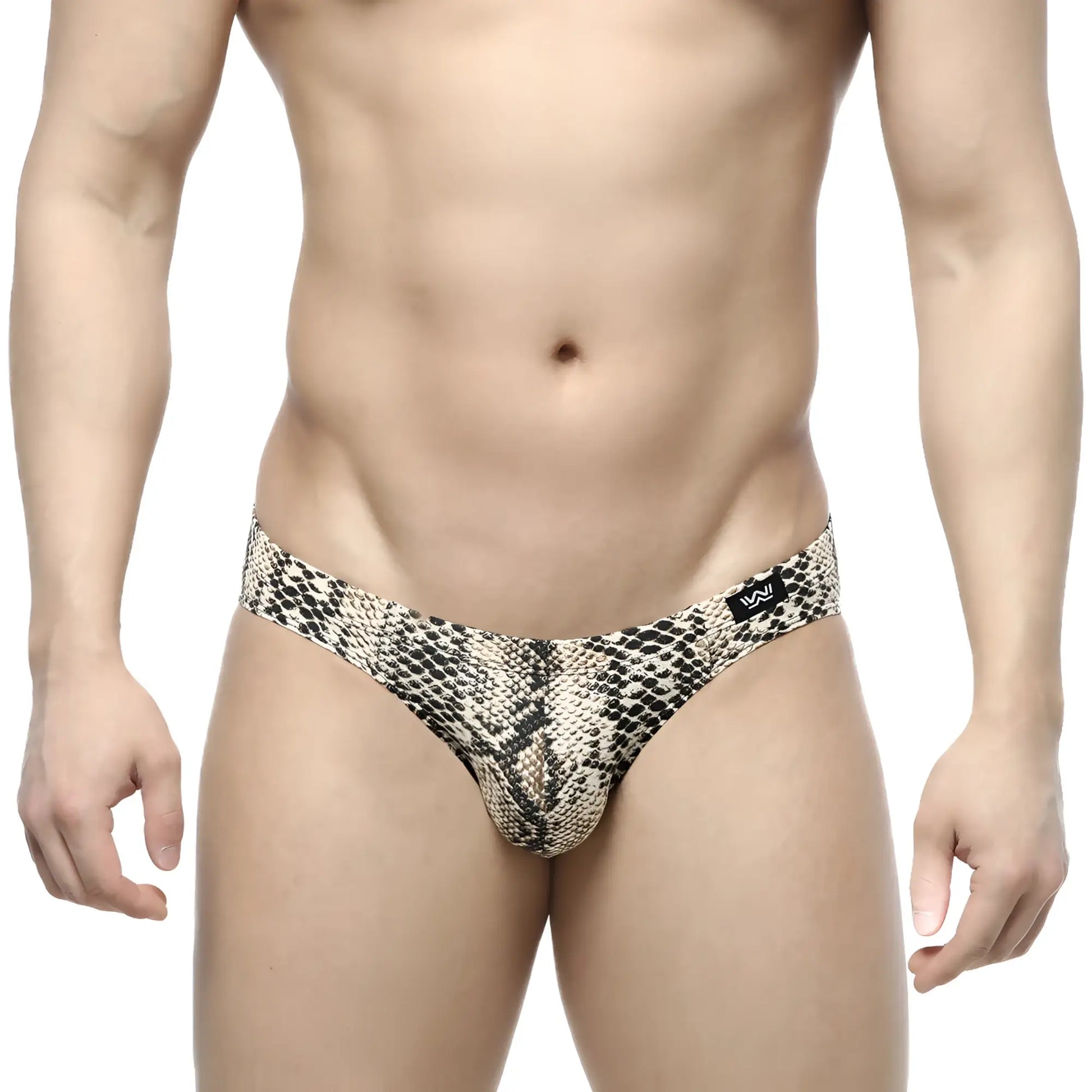 MetroMalewear serpiente bikini 5103-94 snake-print men’s thong in beige and black pattern shown from the back
