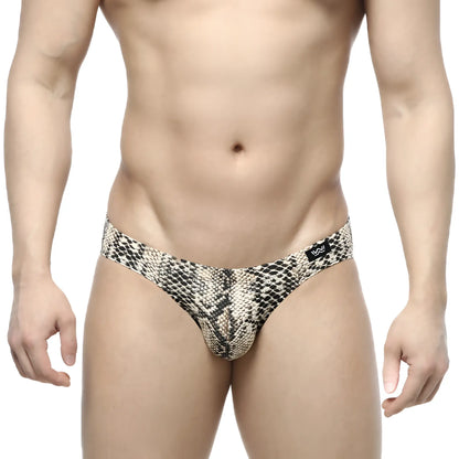 MetroMalewear serpiente bikini 5103-94 snake-print men’s thong in beige and black pattern shown from the back