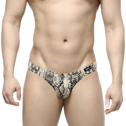 MetroMalewear serpiente bikini 5103-94 snake-print men’s thong in beige and black pattern shown from the back
