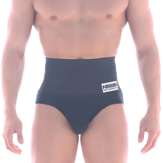 Black high-waisted MetroMaleWear shaper hip briefs with white logo patch on waistband for support and shaping