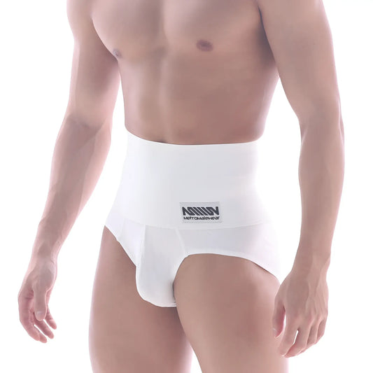 White metro male wear shaper hip brief with high waisted contoured design and branded waistband label