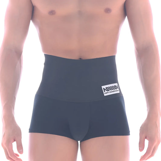 Black high-waisted boxer briefs with a white logo patch on the waistband from MetroMaleWear shaper hip trunk 3022-80