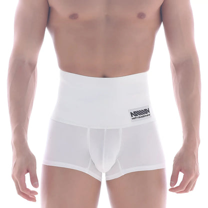 White men’s high-waisted boxer briefs with branded waistband label metroMaleWear shaper hip trunk white 3022-81