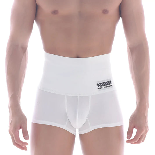 White men’s high-waisted boxer briefs with branded waistband label metroMaleWear shaper hip trunk white 3022-81