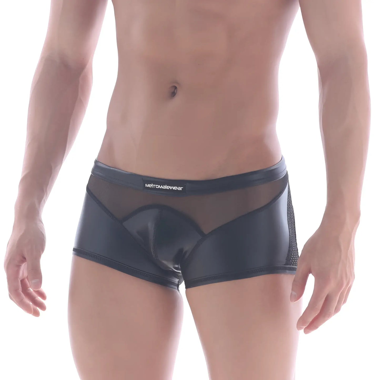 Black glossy mesh briefs with sleek form-fitting design and subtle branding on the waistband metroMaleWear Sheer Hip Trunk