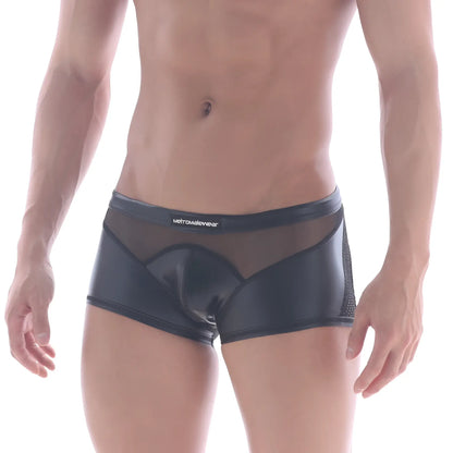 Black glossy mesh briefs with sleek form-fitting design and subtle branding on the waistband metroMaleWear Sheer Hip Trunk