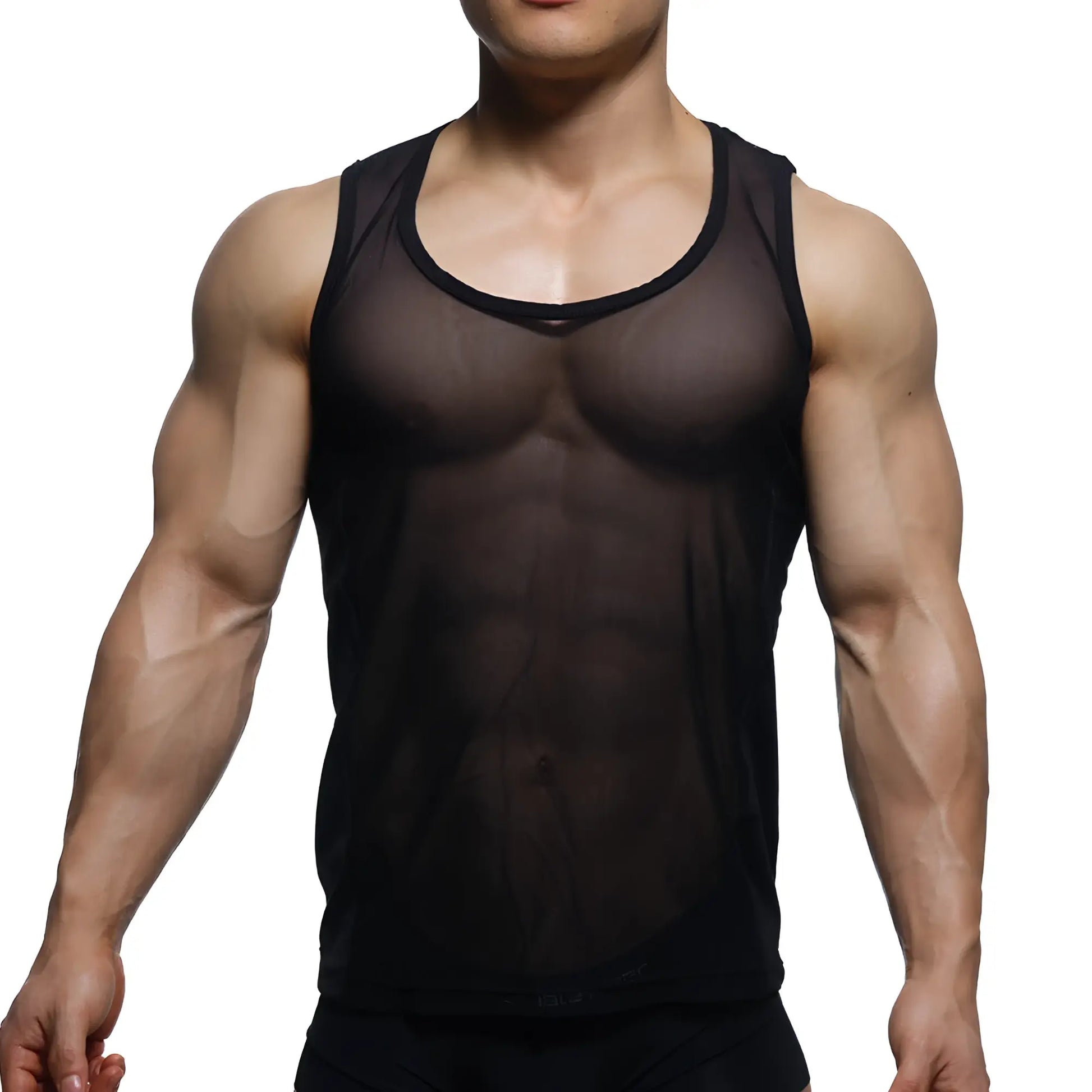MetroMaleWear sheer runner tank top black featuring a black sheer mesh fabric with rounded neckline and solid trim