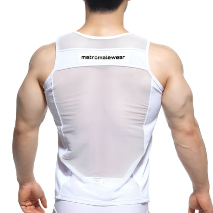 White mesh tank top with solid white trim and metromalewear branding across the upper back shown from back side