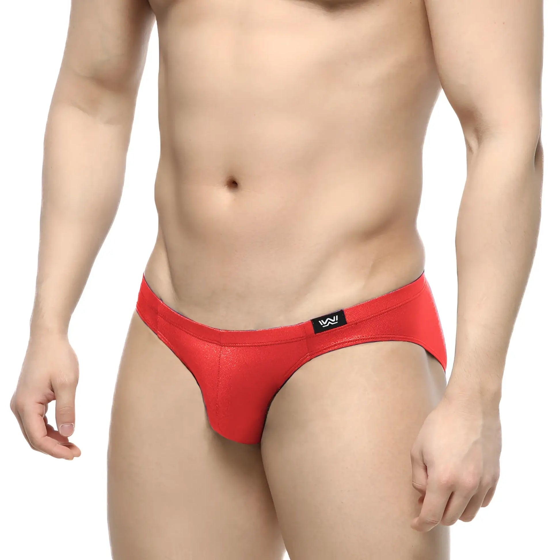 Red shiny fabric briefs with black logo waistband metro male wear shine red bikini 5103-m12 front view