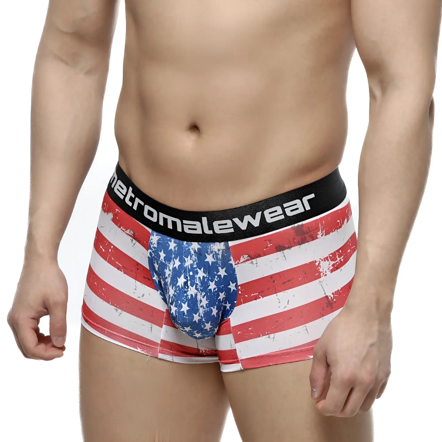 MetroMalewear short boxer batalla 7 inch American flag themed men’s boxer briefs with distressed design and black waistband