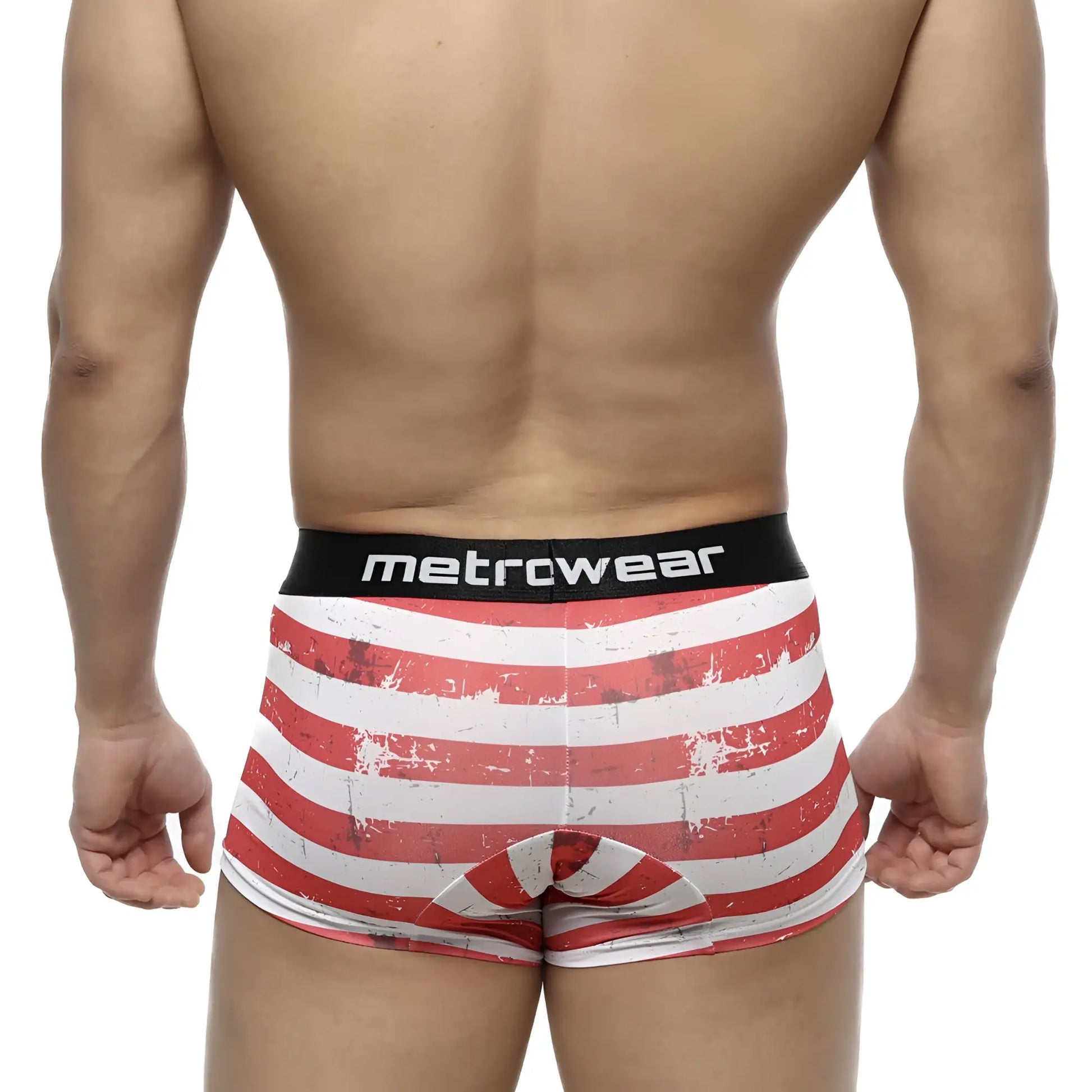 MetroMaleWear red and white striped distressed American flag boxer briefs with a black waistband.