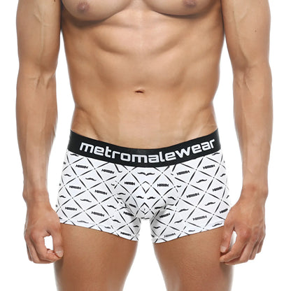 White men’s boxer briefs with black geometric pattern and mustache motifs by metromalewear on elastic waistband