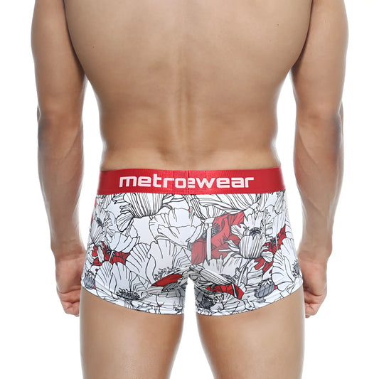 Metro male wear short boxer escobar 7 inch white and red floral patterned men’s boxer briefs with red metrowear waistband