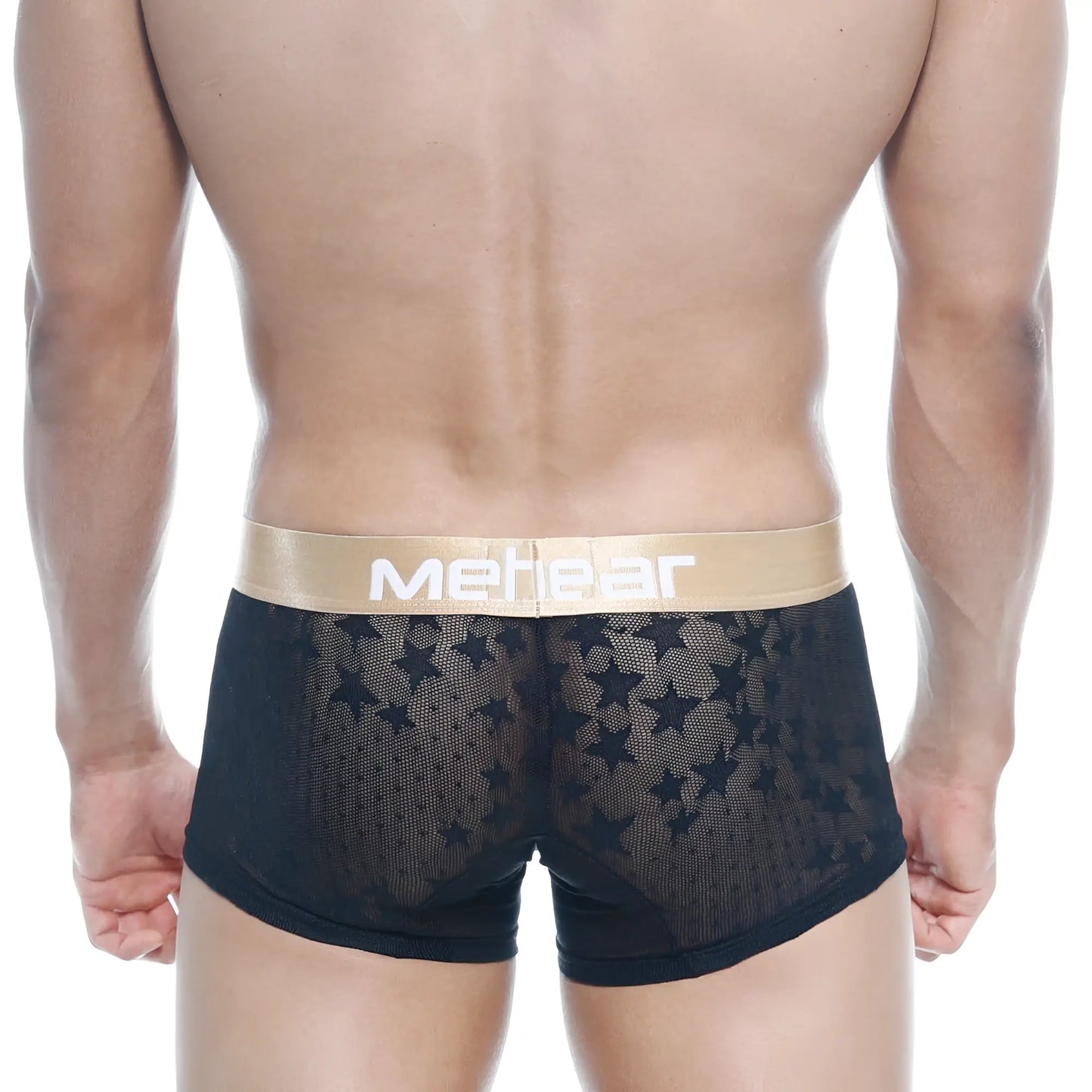 Black lace MetroMaleWear short boxer Estella 7 inch with gold waistband and mehear brand name in white letters