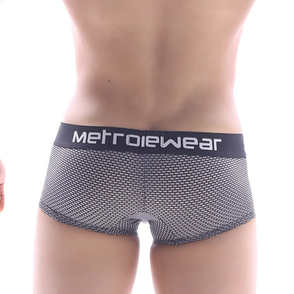 Black and gray mesh metroMaleWear short boxer briefs with a black waistband and white logo honeycomb pattern