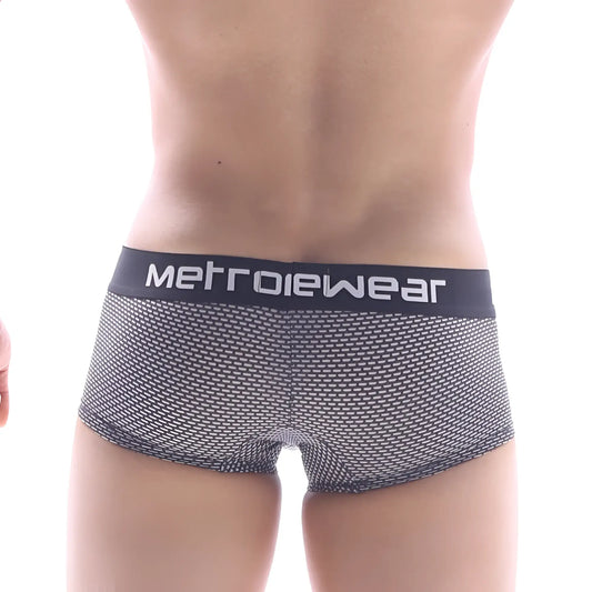 Black and gray mesh metroMaleWear short boxer briefs with a black waistband and white logo honeycomb pattern
