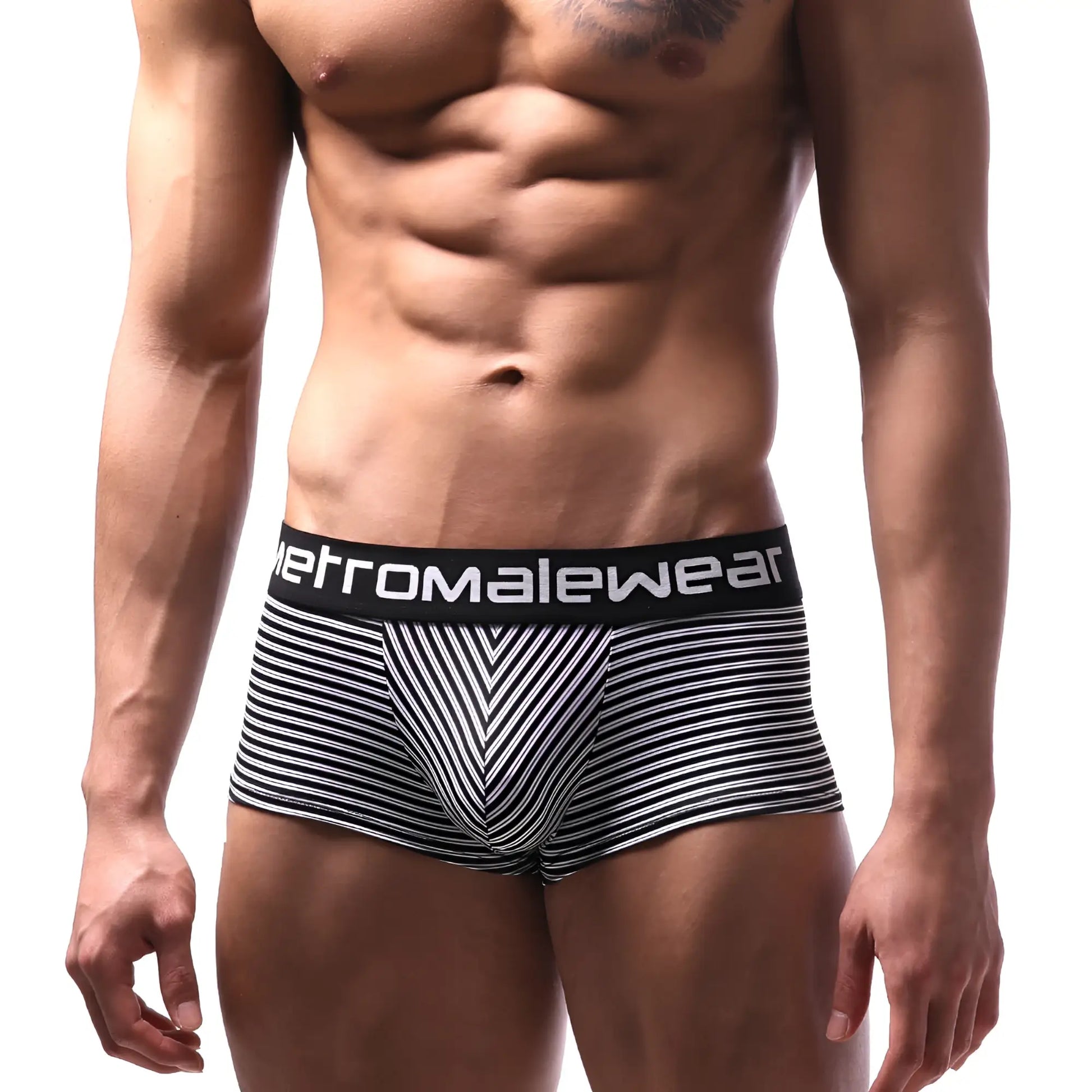 Black and white striped mens briefs with bold geometric pattern and metromalewear waistband metro malewear short boxer luces 2026-41