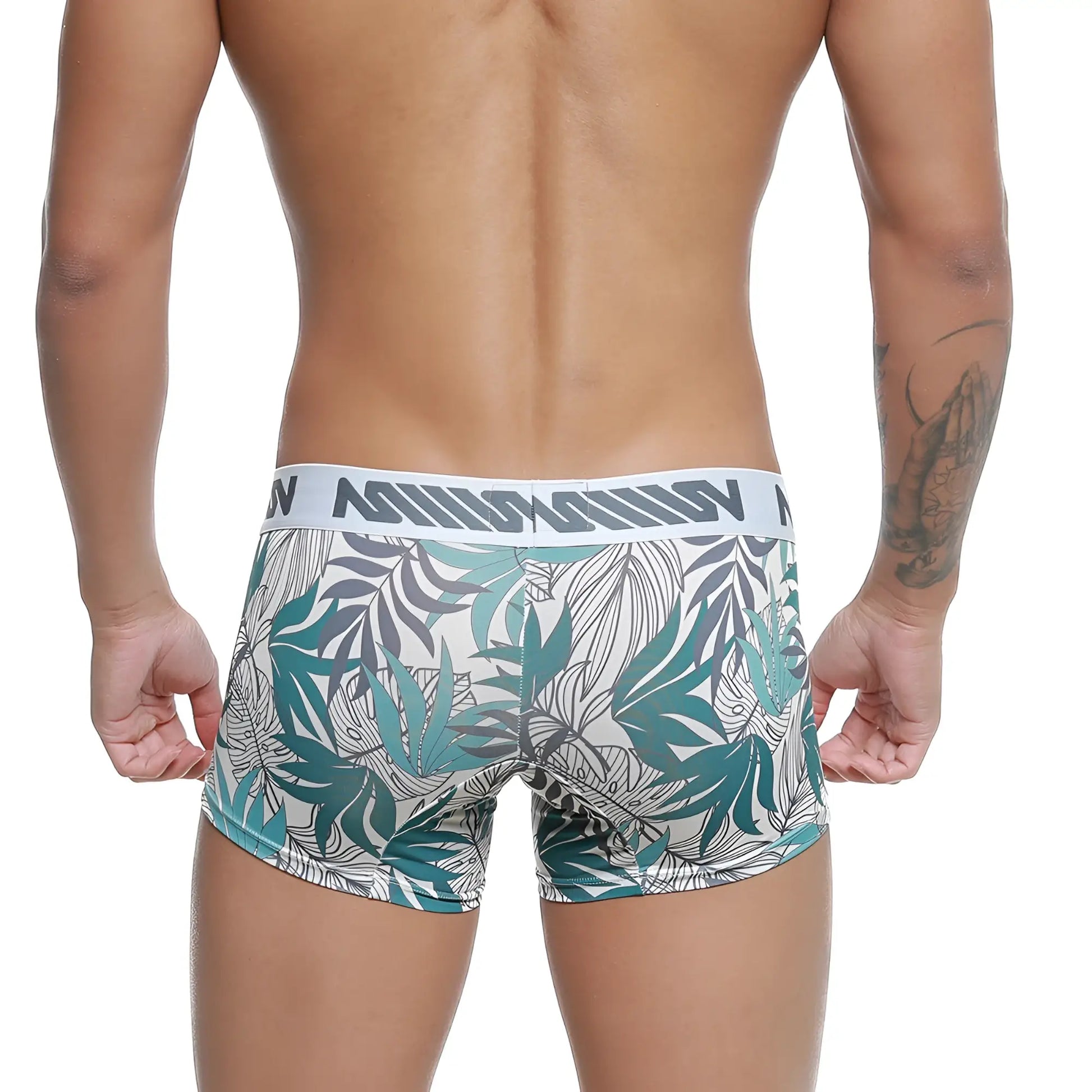 Men’s tropical leaf-patterned boxer briefs in teal gray and white with branded elastic waistband metroMaleWear meadow 7