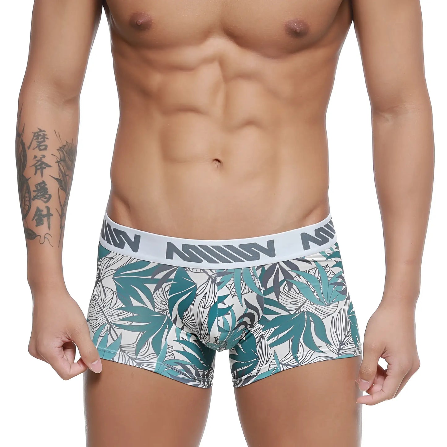 Teal and gray leaf-patterned men’s boxer briefs with white elastic waistband and black branding metroMalewear short boxer meadow 7 2022-56