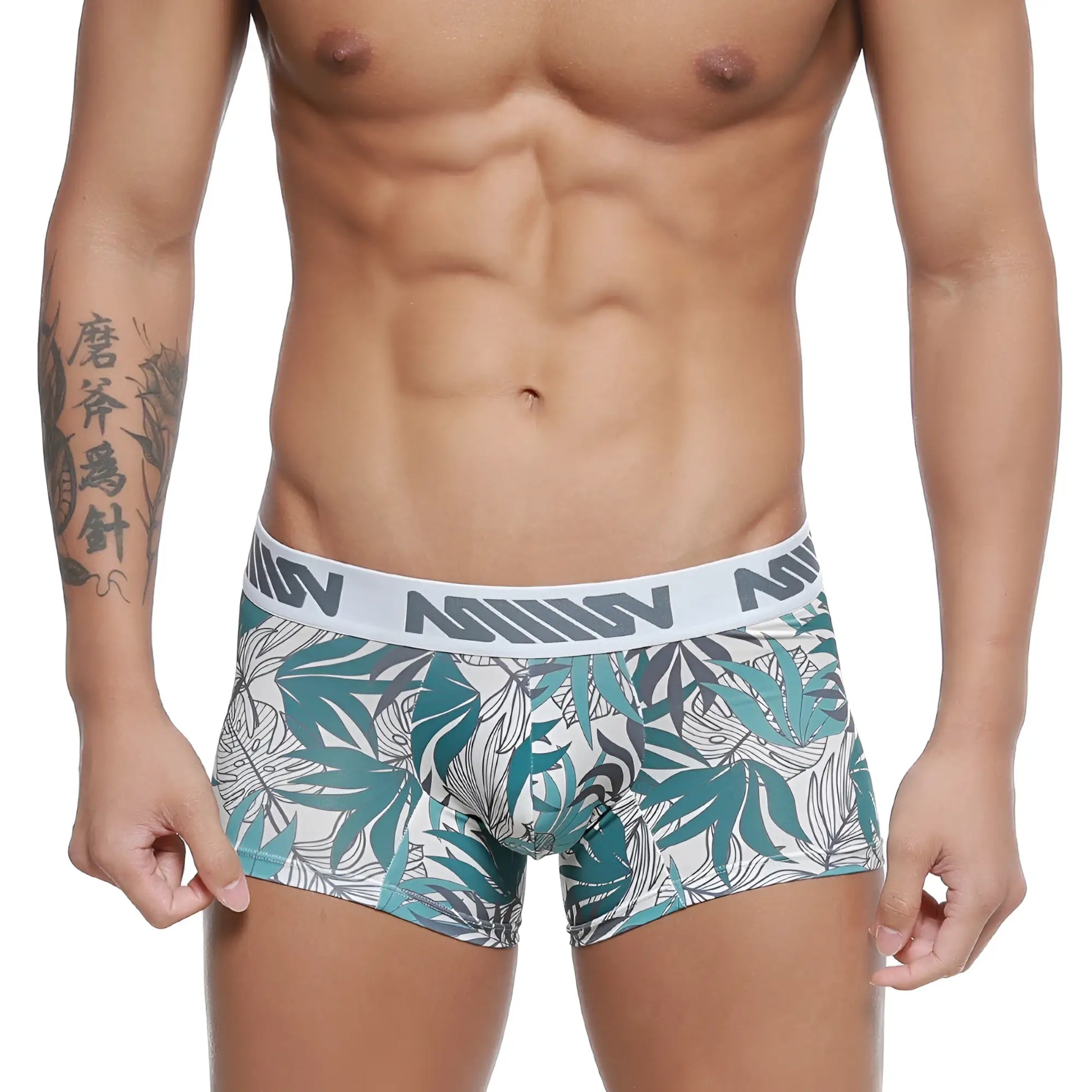 Teal and gray leaf-patterned men’s boxer briefs with white elastic waistband and black branding metroMalewear short boxer meadow 7 2022-56