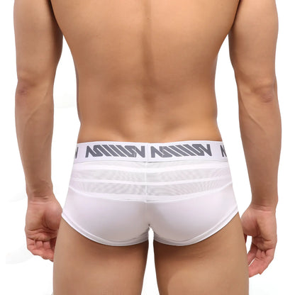 White men’s briefs metro malewear short boxer mesh with gray logo band and breathable mesh detailing white color