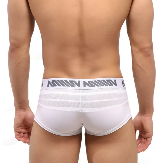 White men’s briefs metro malewear short boxer mesh with gray logo band and breathable mesh detailing white color