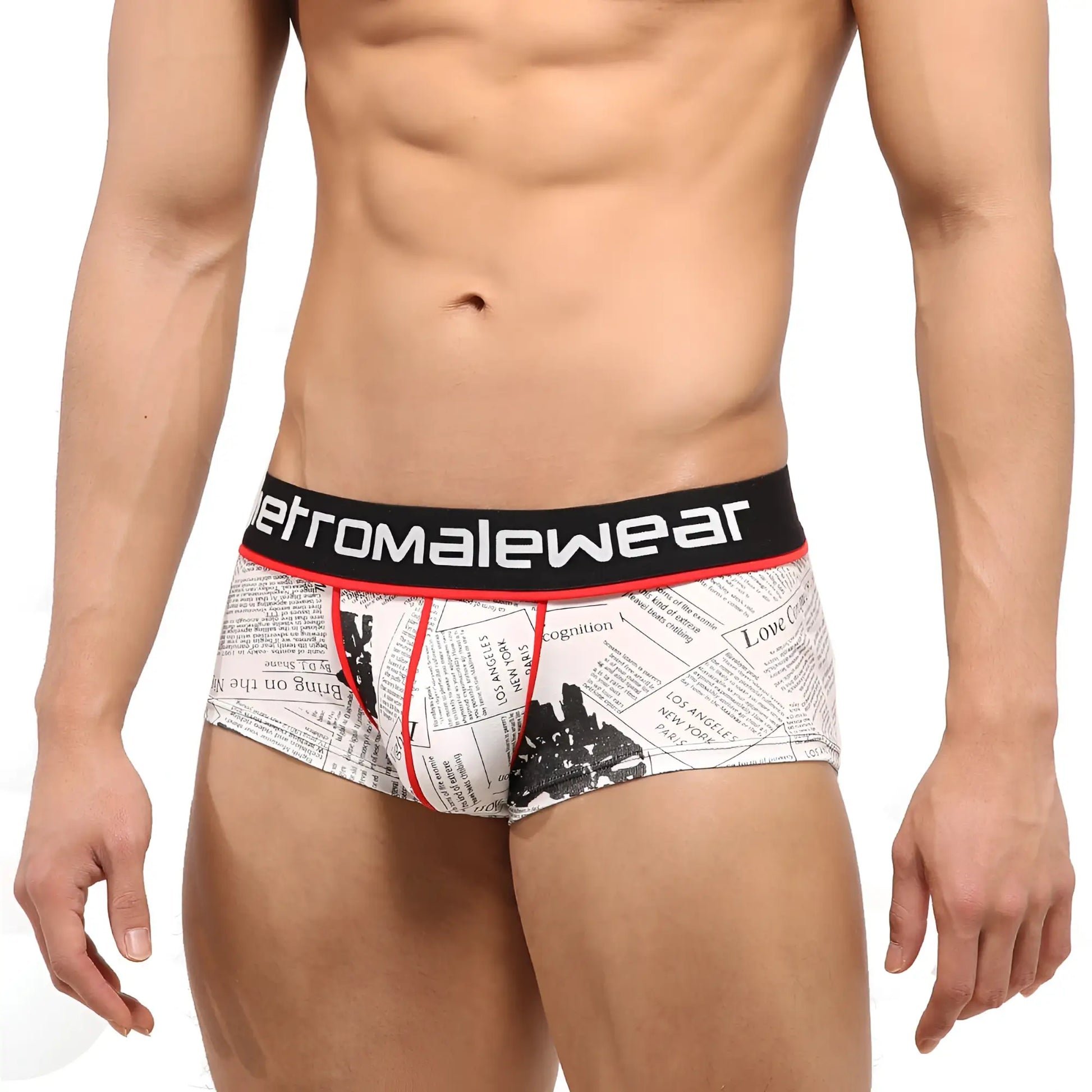 White briefs with newspaper print and black red trim featuring retromalewear brand on waistband metroMalewear 2026-72
