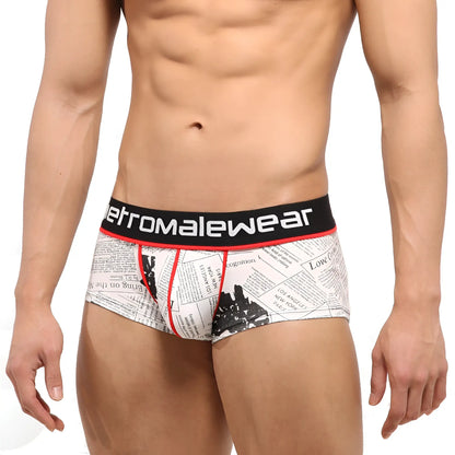White briefs with newspaper print and black red trim featuring retromalewear brand on waistband metroMalewear 2026-72