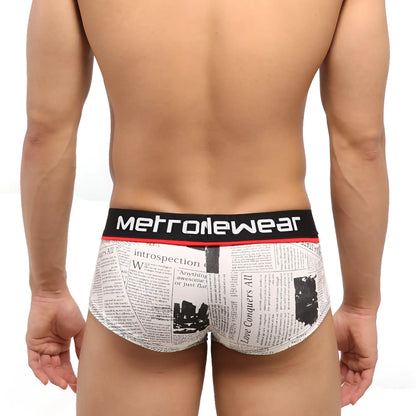 White briefs with a newspaper print design and a black Metrowear elastic waistband.