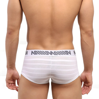 Metro malewear short boxer stripe white mesh briefs with white stripes and gray elastic waistband with logo pattern