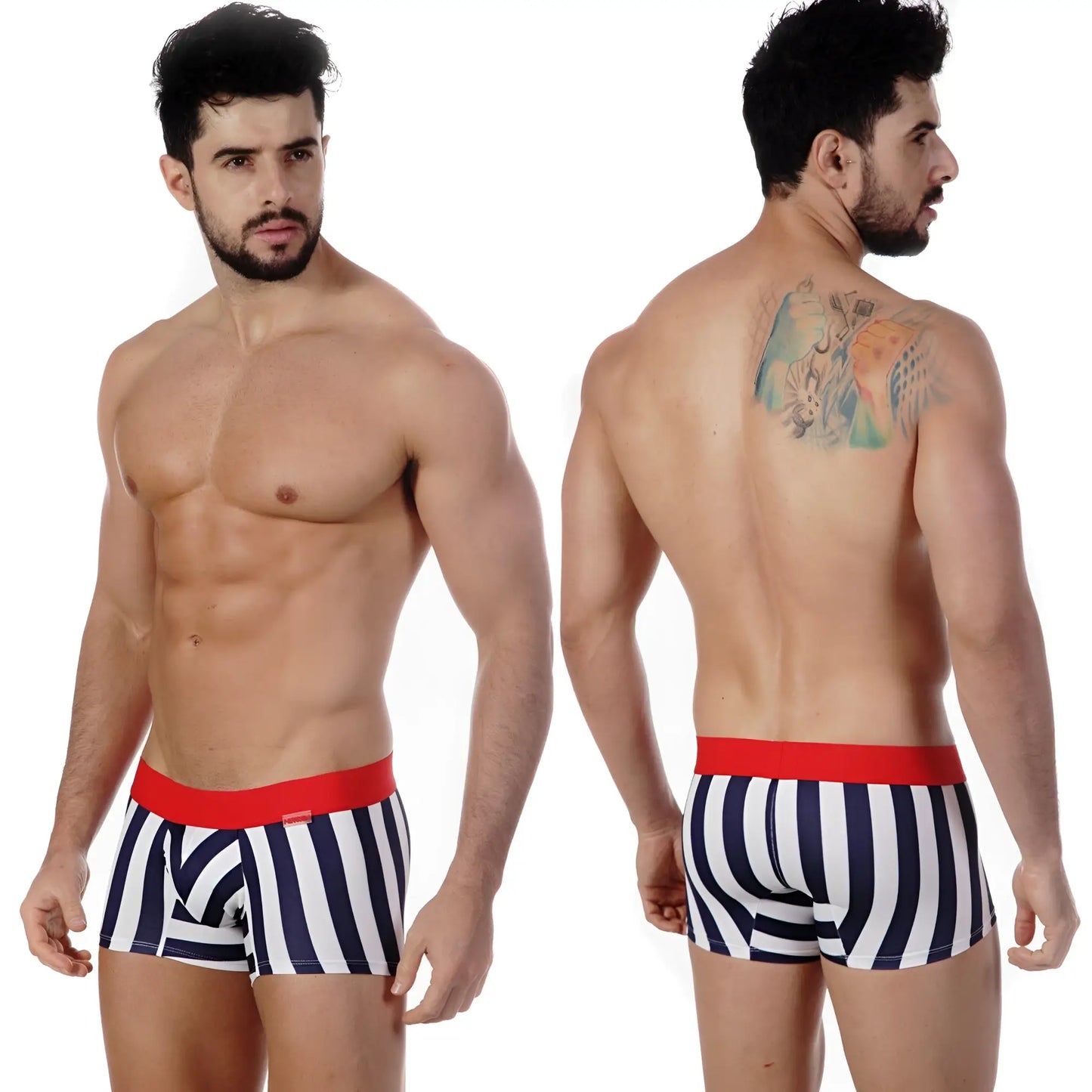 MetroMaleWear short boxer briefs with navy white stripes and red elastic waistband designed for comfort and style