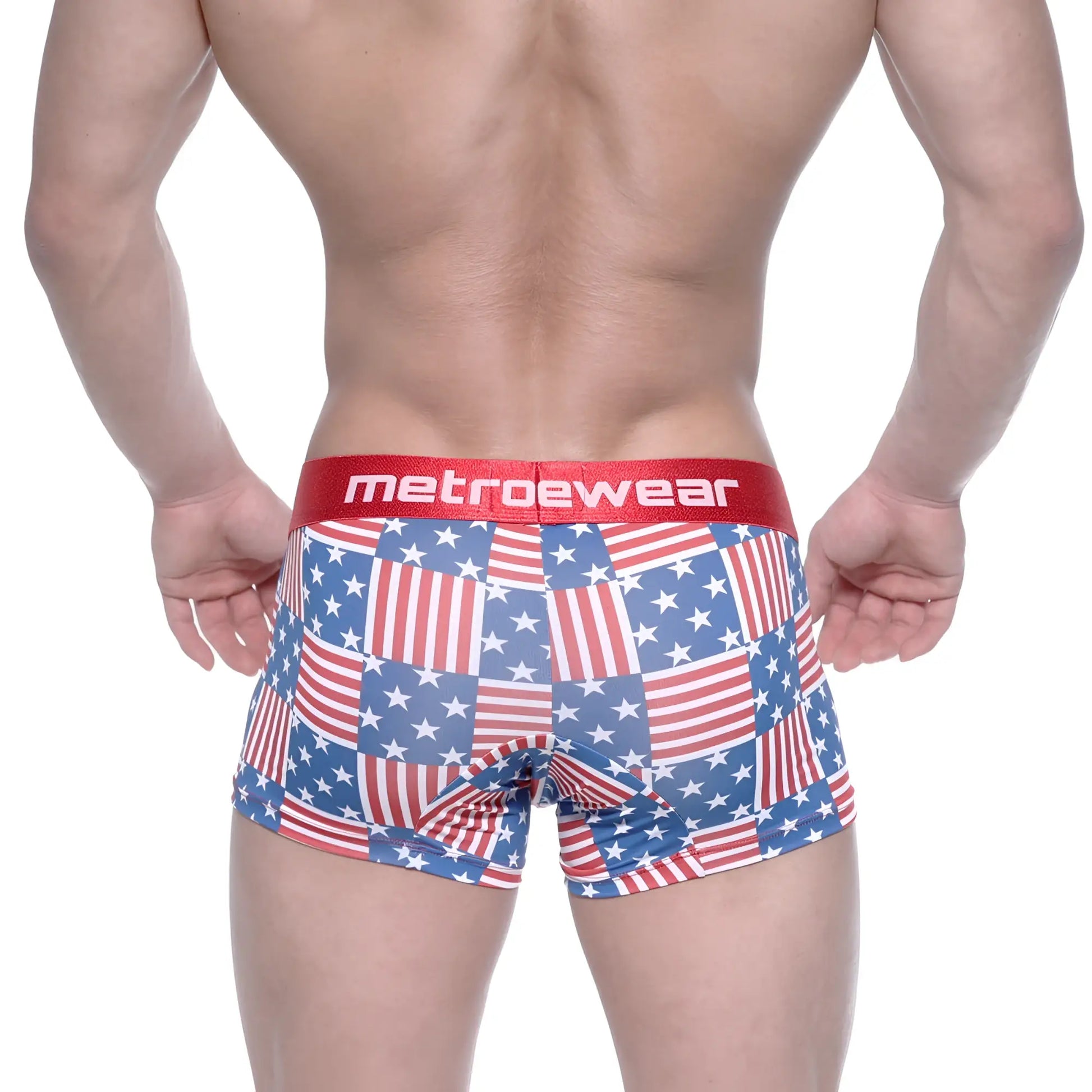 Men’s boxer briefs with american flag patchwork pattern and red metrowear waistband metroMalewear usa 7 inch