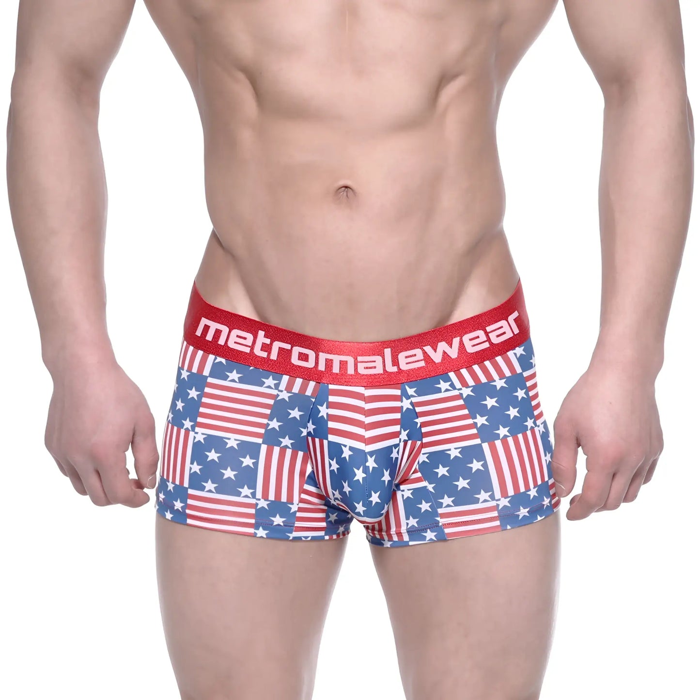 MetroMalewear short boxer USA 7 inch featuring red white and blue American flag pattern briefs with red branded waistband