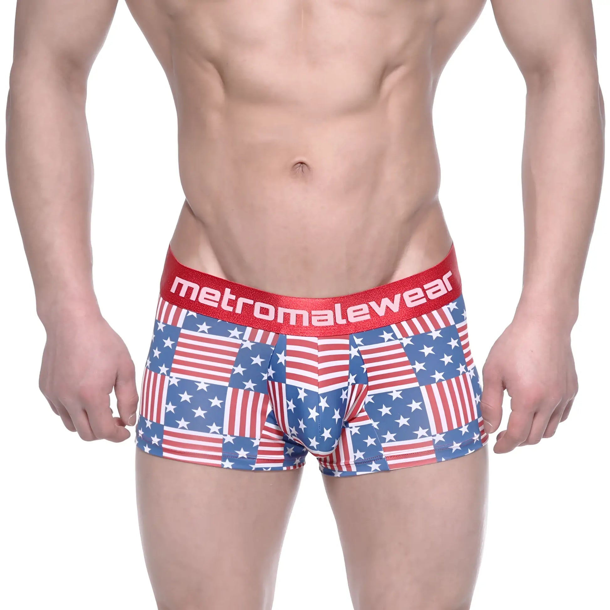 MetroMalewear short boxer USA 7 inch featuring red white and blue American flag pattern briefs with red branded waistband