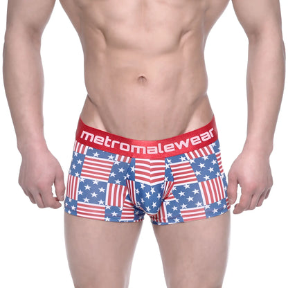 MetroMalewear short boxer USA 7 inch featuring red white and blue American flag pattern briefs with red branded waistband