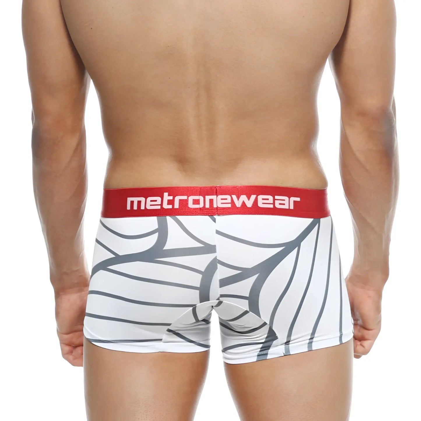 White boxer briefs with gray abstract leaf pattern and red metronewear waistband metro male wear short boxer web 7 2022-40