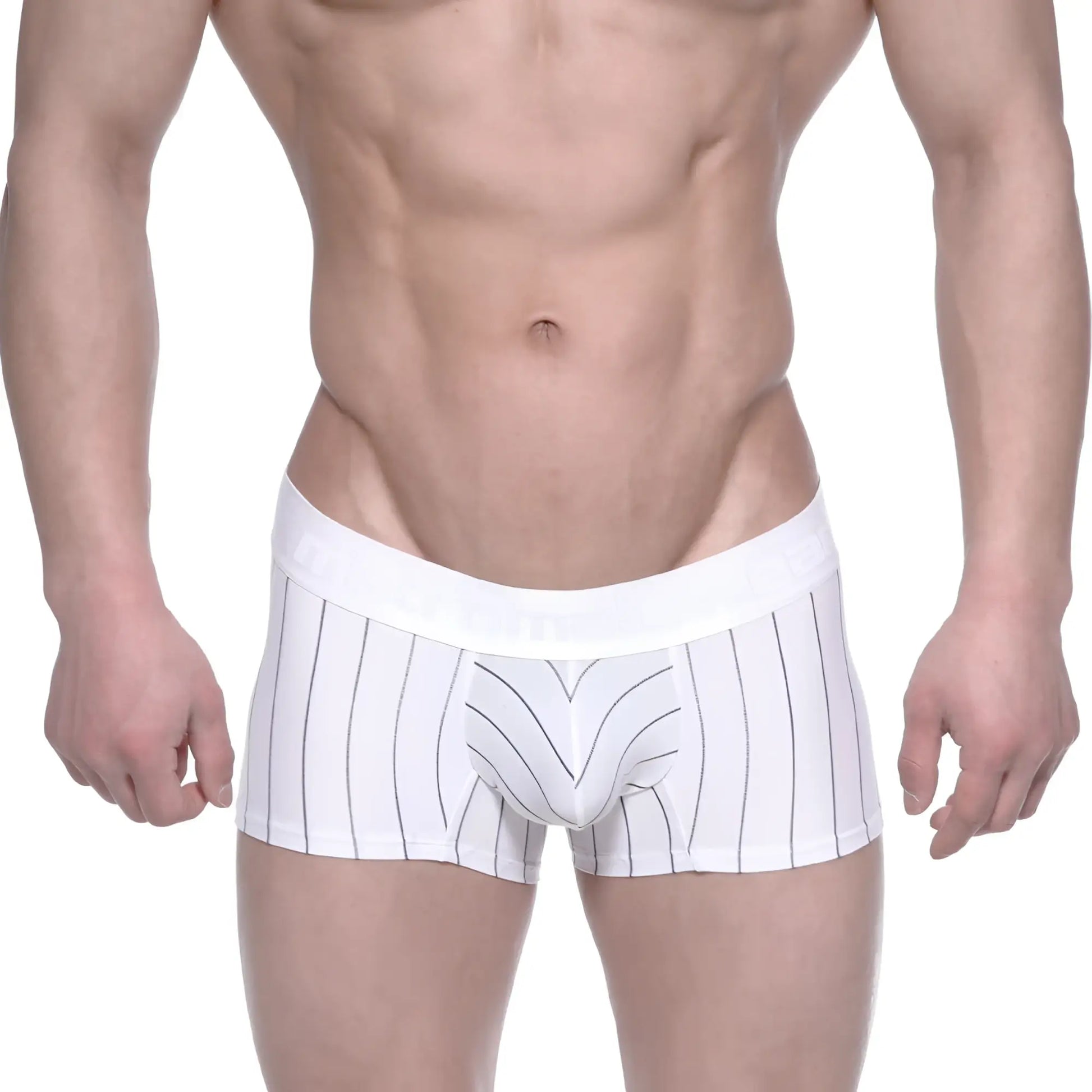 White boxer briefs with thin black vertical stripes and a white elastic waistband.