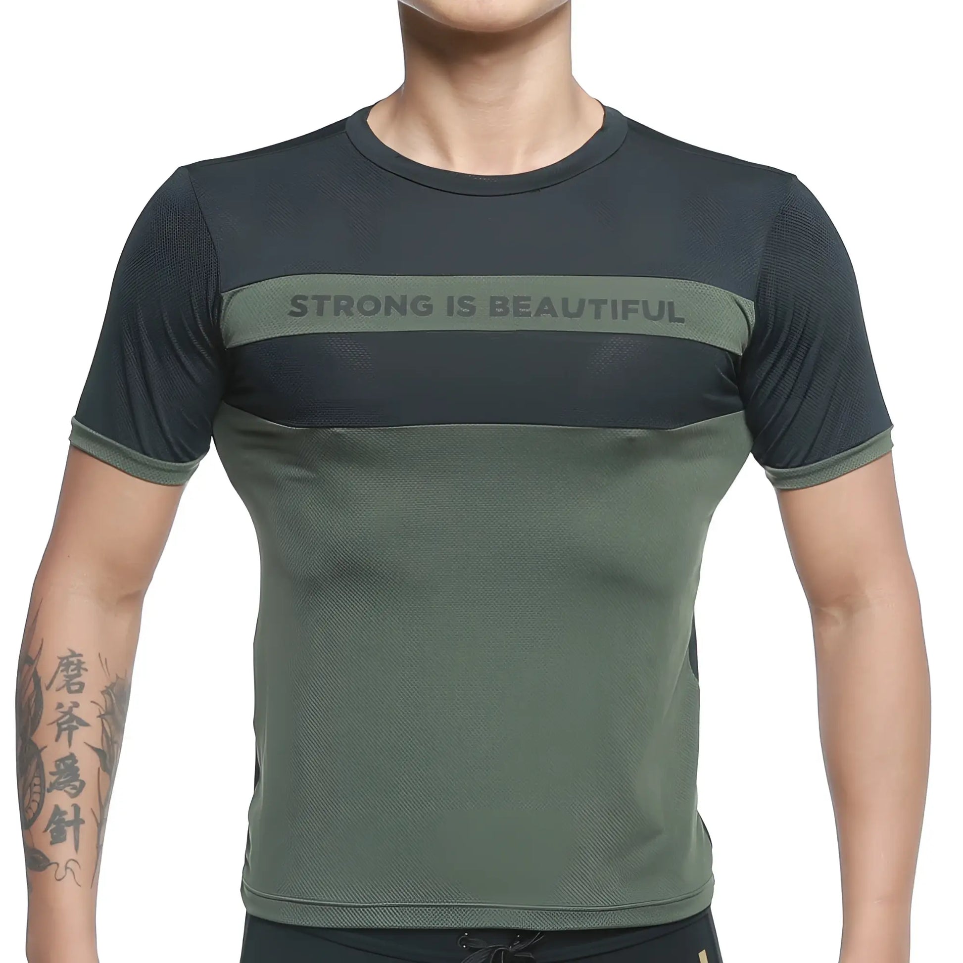 MetroMaleWear dark green and black athletic short-sleeve t-shirt with a chest mesh panel and strong is beautiful text.