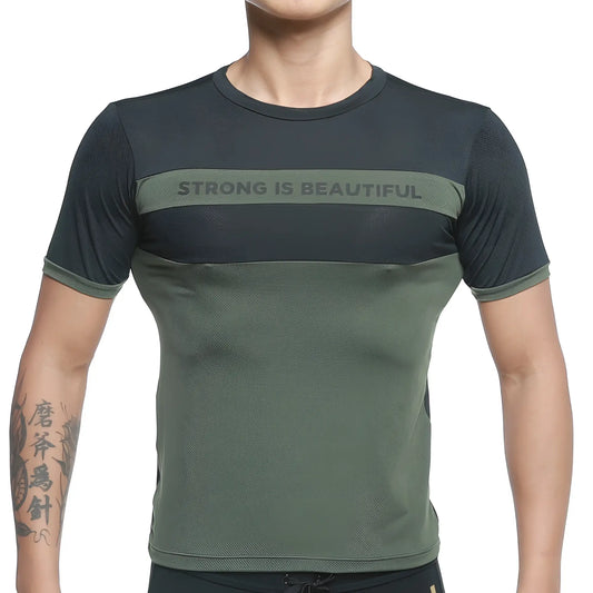 MetroMaleWear sib tank top green 4127-26 dark green and black athletic short-sleeve tshirt with chest mesh panel and strong is beautiful text