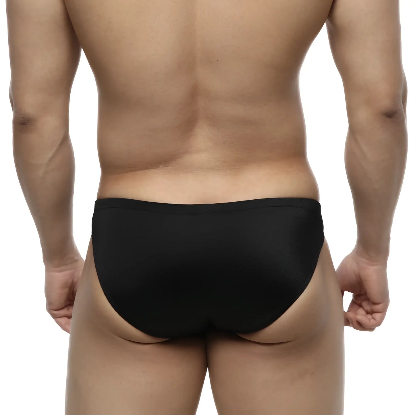 Black MetroMaleWear silicon swim bikini briefs feature a smooth, form-fitting design ideal for swimming