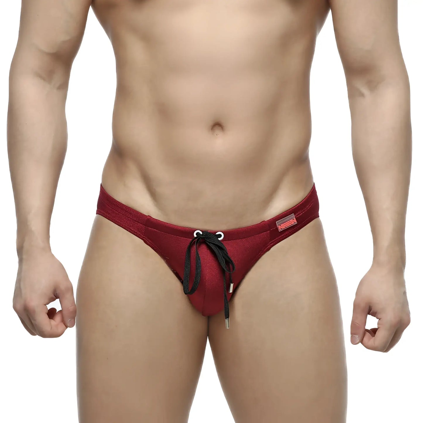 Red mesh swim trunks with black drawstring ties from MetroMaleWear silicon swim bikini burgundy 4955-22 collection