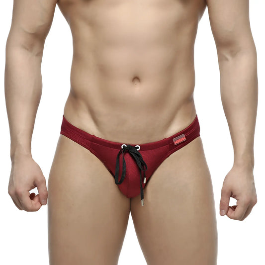 Red mesh swim trunks with black drawstring ties from MetroMaleWear silicon swim bikini burgundy 4955-22 collection