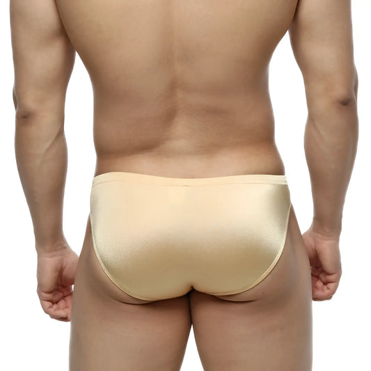 Beige metallic MetroMaleWear silicon swim bikini briefs with a sleek form-fitting design for swimwear use