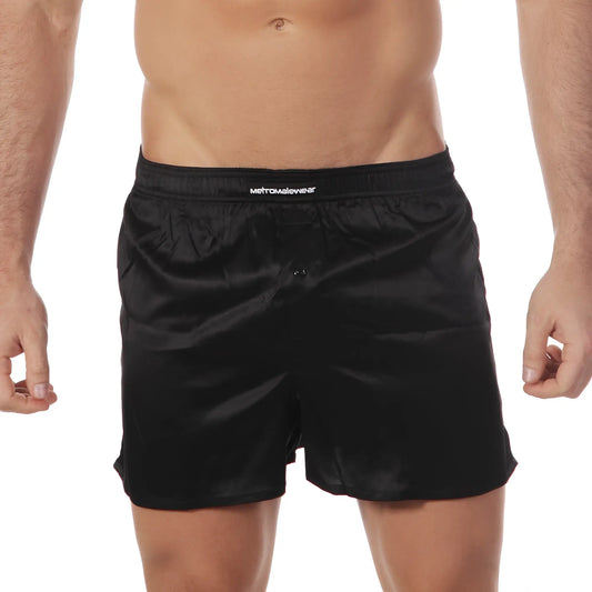 Black satin silk boxer shorts with subtle sheen and metromalewear embroidered waistband in black s33-20 design